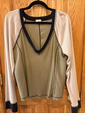 Pilcro Olive and Cream V-Neck Long Sleeve Top with Black Trim